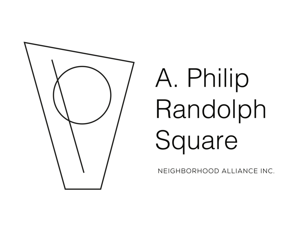 A. Philip Randolp Square Logo: Artistic figured, composed by a square with a circle and a line inside, followed by the name in thin light black typography. 

